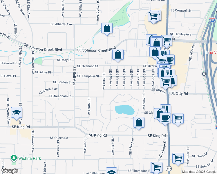 map of restaurants, bars, coffee shops, grocery stores, and more near 7400 Southeast Otty Street in Milwaukie
