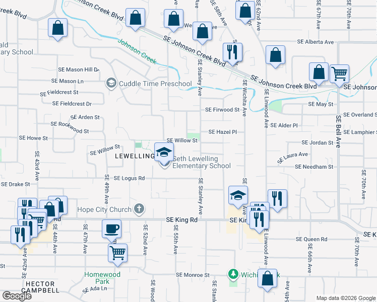 map of restaurants, bars, coffee shops, grocery stores, and more near 5648 Southeast Drefshill Street in Milwaukie