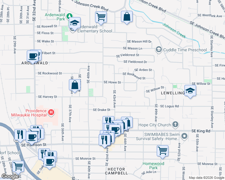 map of restaurants, bars, coffee shops, grocery stores, and more near 9851 Southeast 43rd Avenue in Milwaukie