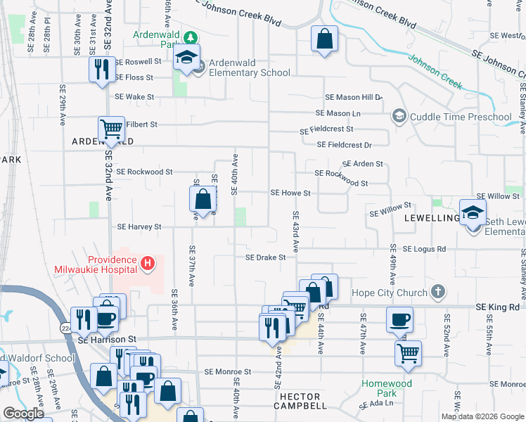 map of restaurants, bars, coffee shops, grocery stores, and more near 9889 Southeast 42nd Avenue in Milwaukie