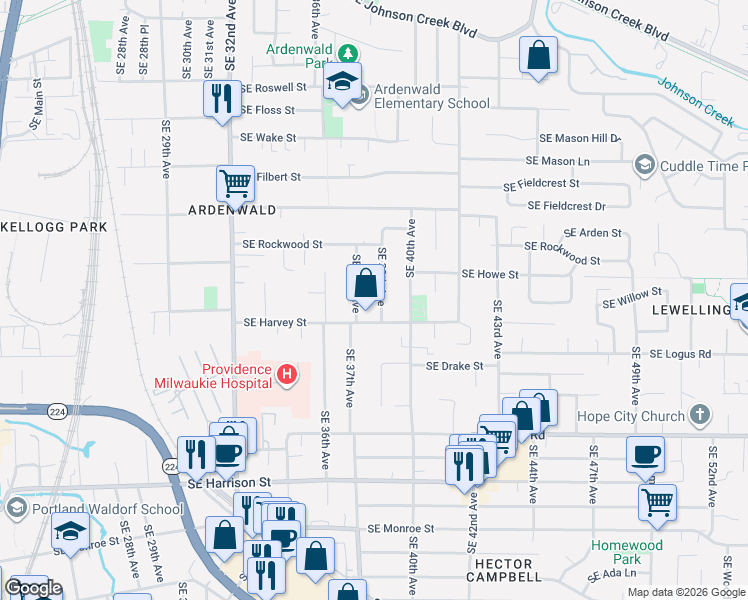 map of restaurants, bars, coffee shops, grocery stores, and more near 3735 Southeast Harvey Street in Milwaukie