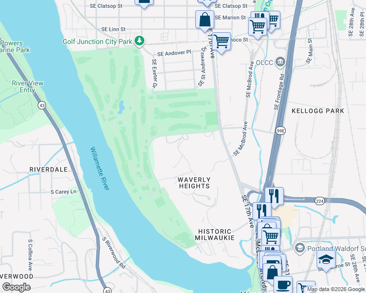 map of restaurants, bars, coffee shops, grocery stores, and more near 9900 Southeast Cambridge Lane in Milwaukie