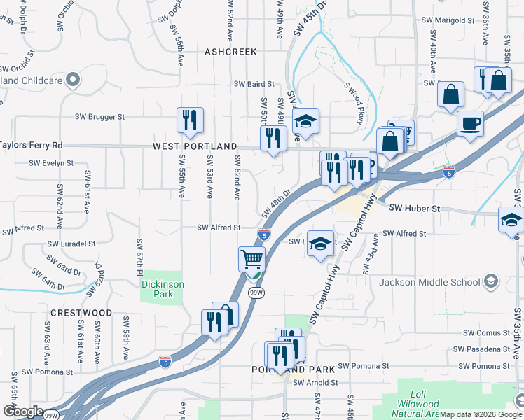 map of restaurants, bars, coffee shops, grocery stores, and more near 10147 Southwest 50th Avenue in Portland
