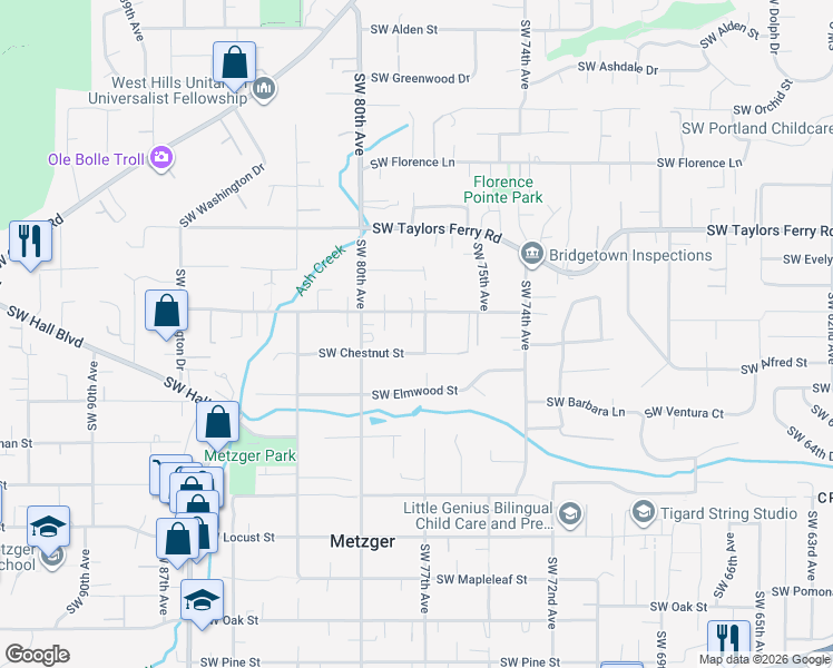 map of restaurants, bars, coffee shops, grocery stores, and more near 7763 Southwest Chestnut Street in Portland