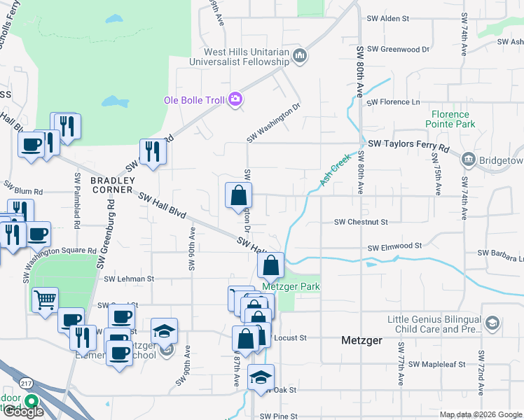 map of restaurants, bars, coffee shops, grocery stores, and more near 8521 Southwest Lizzie Court in Portland