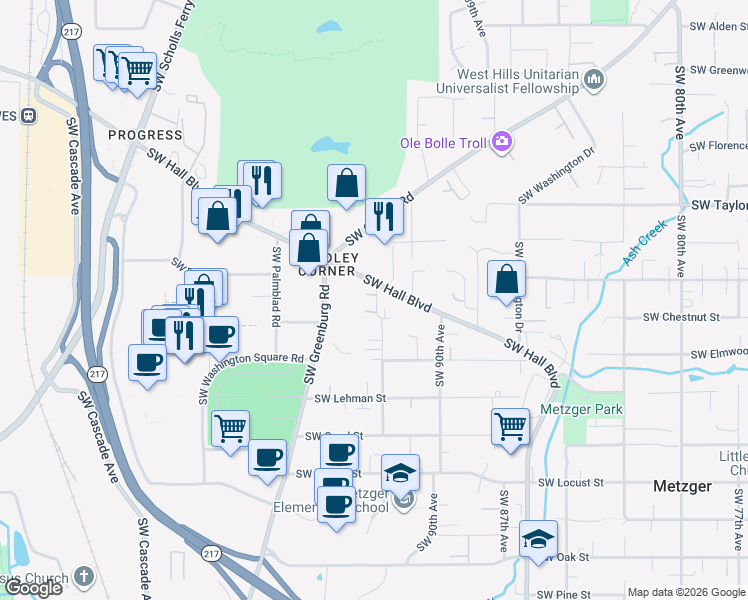 map of restaurants, bars, coffee shops, grocery stores, and more near 9468 Southwest 92nd Avenue in Portland