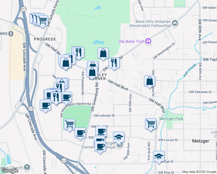 map of restaurants, bars, coffee shops, grocery stores, and more near 9468 Southwest 92nd Avenue in Portland