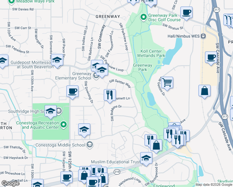 map of restaurants, bars, coffee shops, grocery stores, and more near 11880 Southwest Burnett Lane in Beaverton