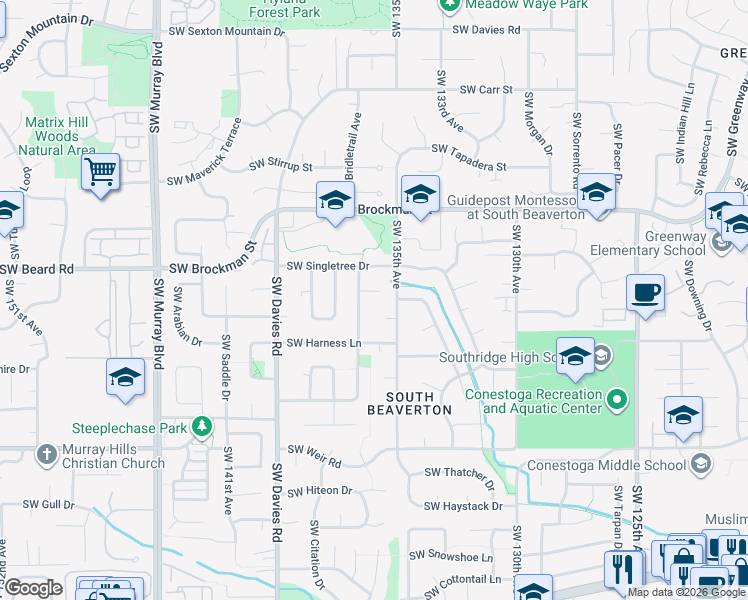 map of restaurants, bars, coffee shops, grocery stores, and more near 9470 Southwest Buckskin Terrace in Beaverton