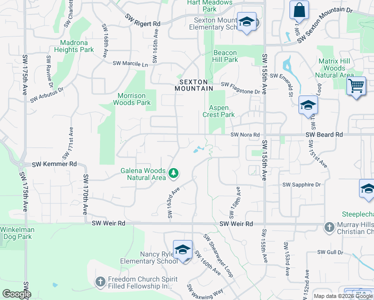 map of restaurants, bars, coffee shops, grocery stores, and more near 9485 Southwest 160th Avenue in Beaverton
