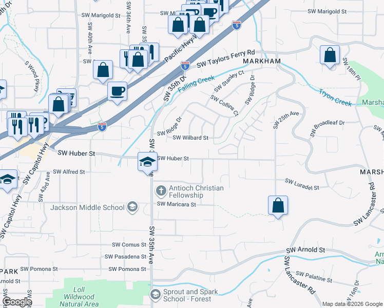 map of restaurants, bars, coffee shops, grocery stores, and more near 3135 Southwest Huber Street in Portland