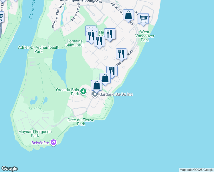 map of restaurants, bars, coffee shops, grocery stores, and more near 200 Rue Hall in Montréal