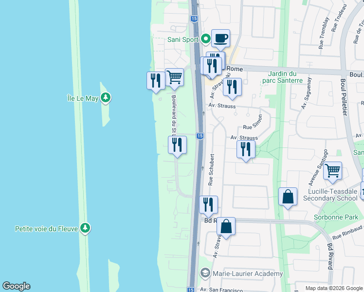 map of restaurants, bars, coffee shops, grocery stores, and more near 8115 Boulevard du Saint Laurent in Brossard