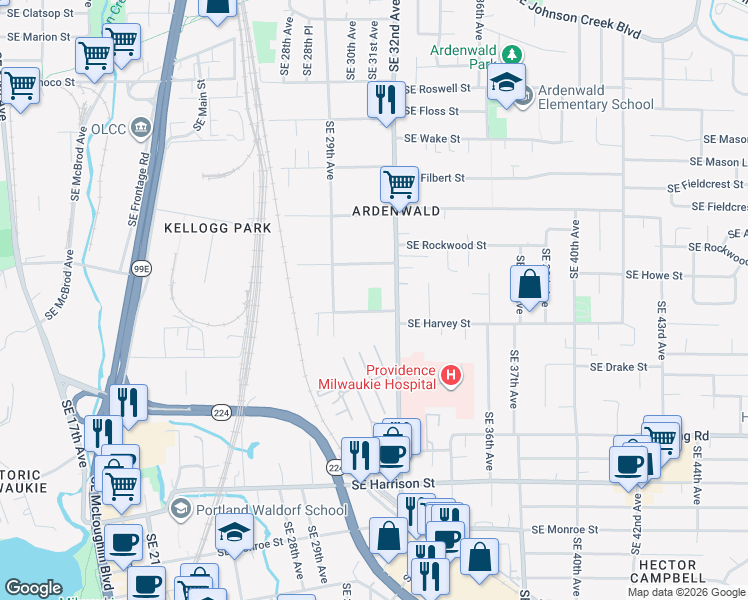map of restaurants, bars, coffee shops, grocery stores, and more near 3039 Southeast Balfour Street in Milwaukie