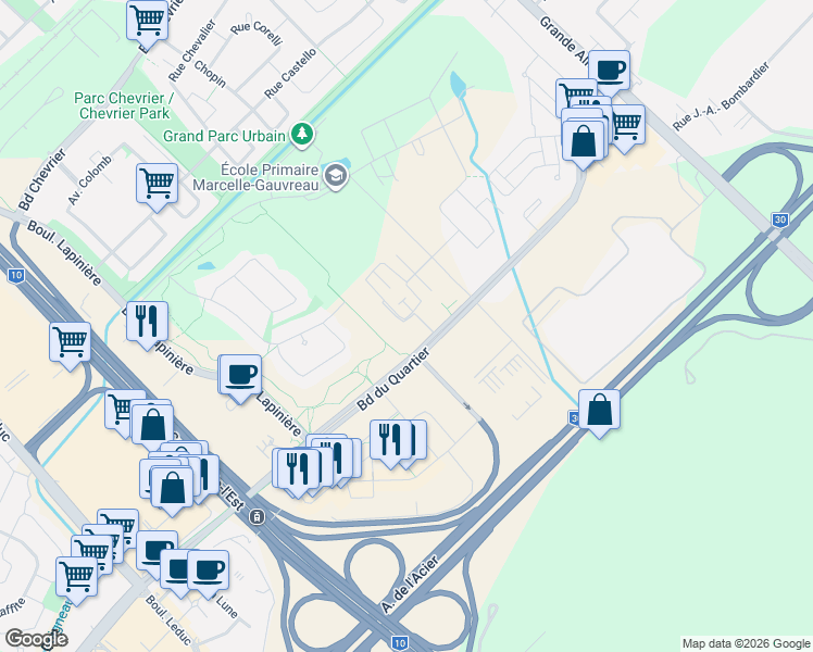 map of restaurants, bars, coffee shops, grocery stores, and more near 6400 Rue de Chambéry in Brossard