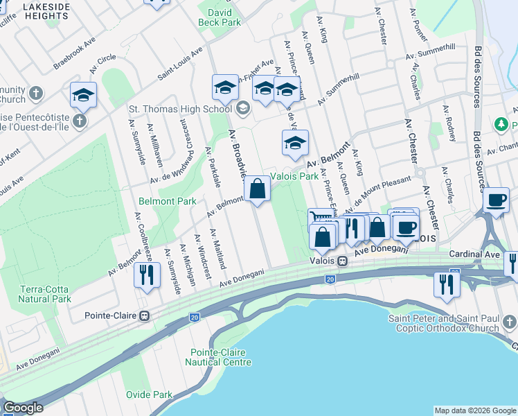 map of restaurants, bars, coffee shops, grocery stores, and more near 51 Avenue Broadview in Pointe-Claire