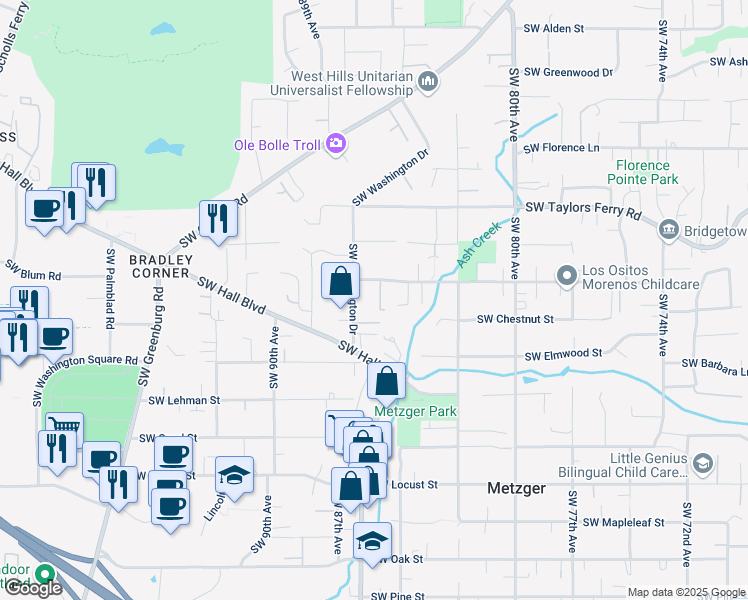 map of restaurants, bars, coffee shops, grocery stores, and more near 8521 Southwest Lizzie Court in Portland