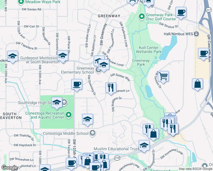 map of restaurants, bars, coffee shops, grocery stores, and more near 12020 Southwest Settler Way in Beaverton