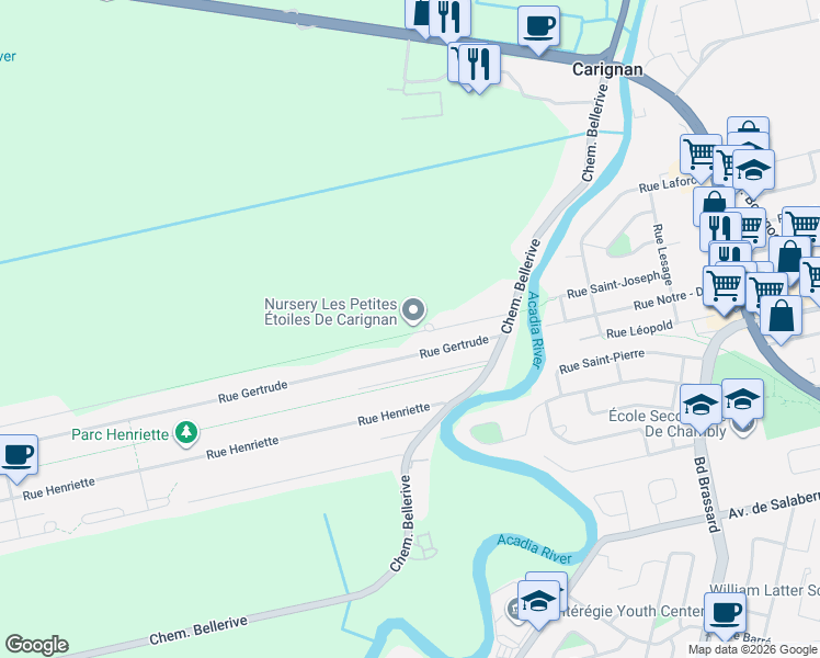 map of restaurants, bars, coffee shops, grocery stores, and more near Rue Marie-Anne Ouest in Carignan