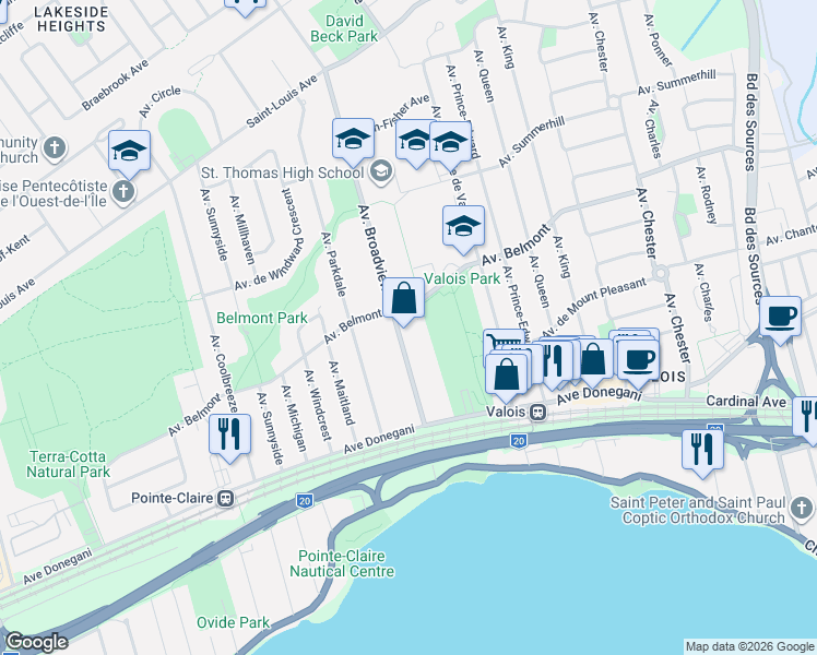 map of restaurants, bars, coffee shops, grocery stores, and more near 51 Avenue Broadview in Pointe-Claire