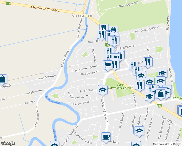 map of restaurants, bars, coffee shops, grocery stores, and more near 1181 Rue Léopold in Chambly