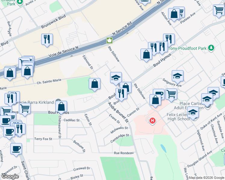 map of restaurants, bars, coffee shops, grocery stores, and more near 2975 Rue Edmond in Kirkland