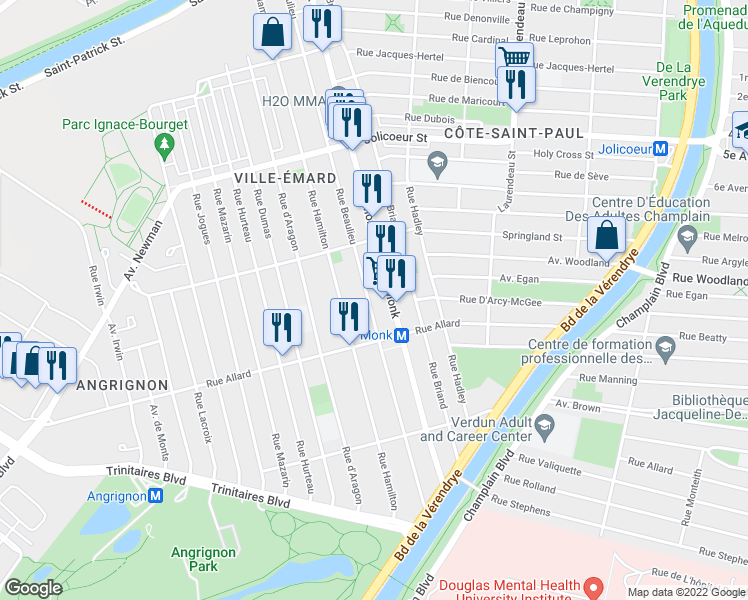map of restaurants, bars, coffee shops, grocery stores, and more near 6644 Rue Beaulieu in Montréal