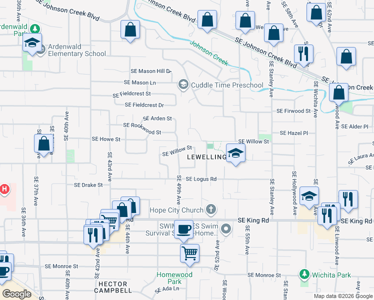 map of restaurants, bars, coffee shops, grocery stores, and more near 4990 Southeast Leone Lane in Milwaukie
