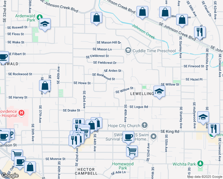 map of restaurants, bars, coffee shops, grocery stores, and more near 9845 Southeast 48th Avenue in Milwaukie