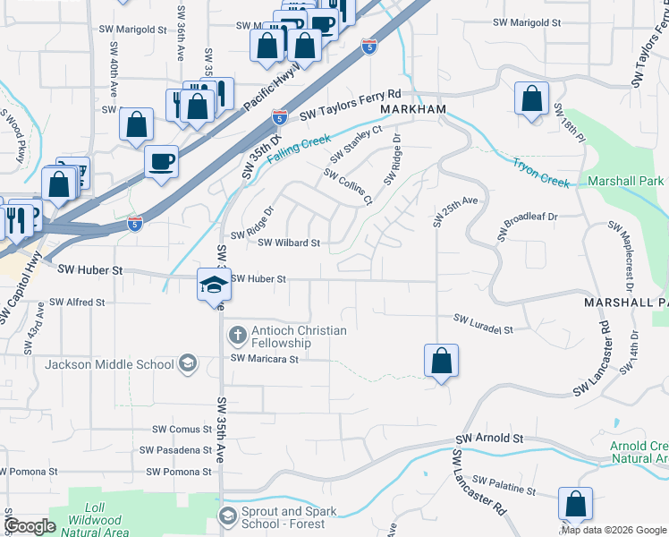 map of restaurants, bars, coffee shops, grocery stores, and more near 2952 Southwest Huber Street in Portland