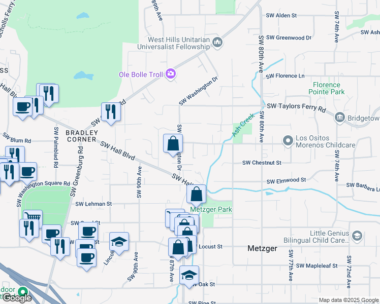 map of restaurants, bars, coffee shops, grocery stores, and more near 8521 Southwest Lizzie Court in Portland