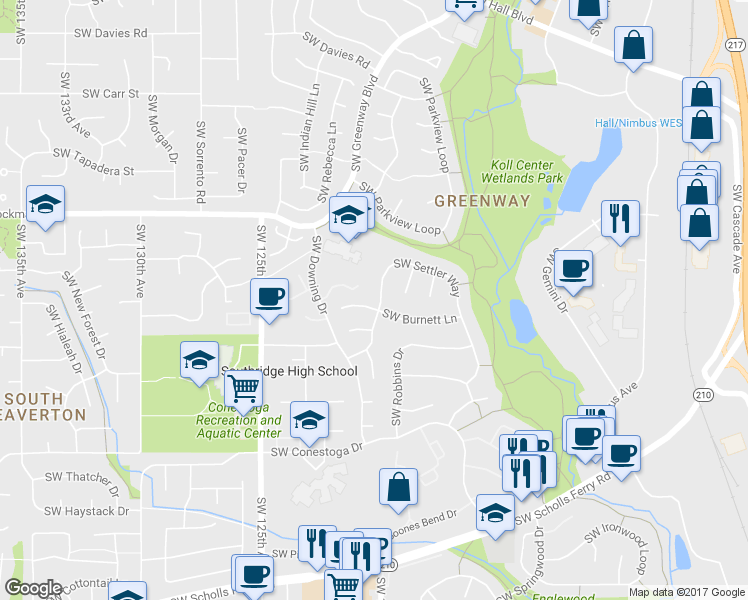 map of restaurants, bars, coffee shops, grocery stores, and more near 12020 Southwest Settler Way in Beaverton