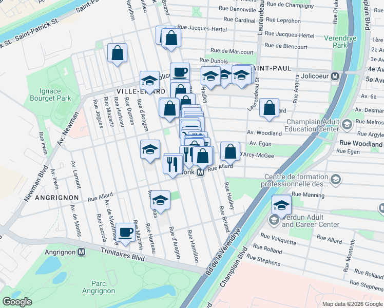 map of restaurants, bars, coffee shops, grocery stores, and more near 6665 Boulevard Monk in Montréal