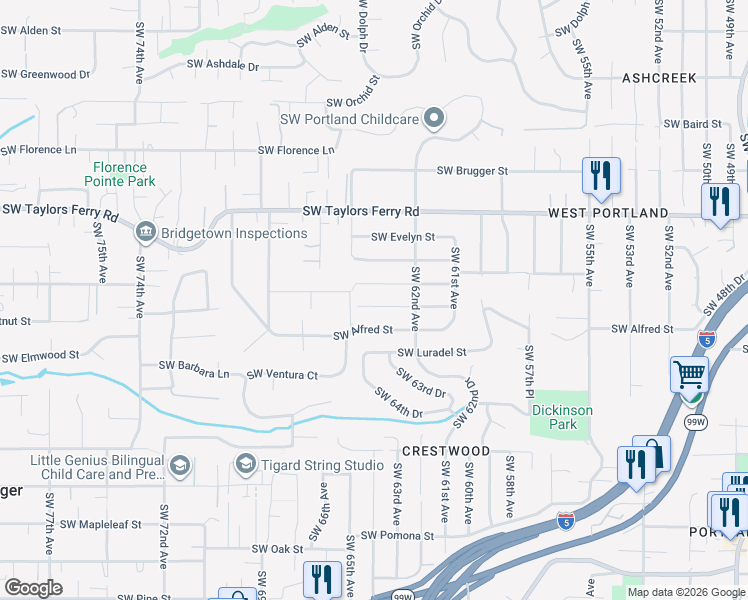 map of restaurants, bars, coffee shops, grocery stores, and more near 6307 Southwest Alfred Street in Portland