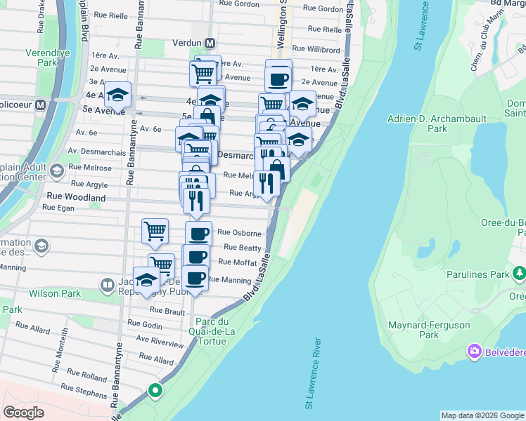 map of restaurants, bars, coffee shops, grocery stores, and more near 262 Rue Woodland in Montréal