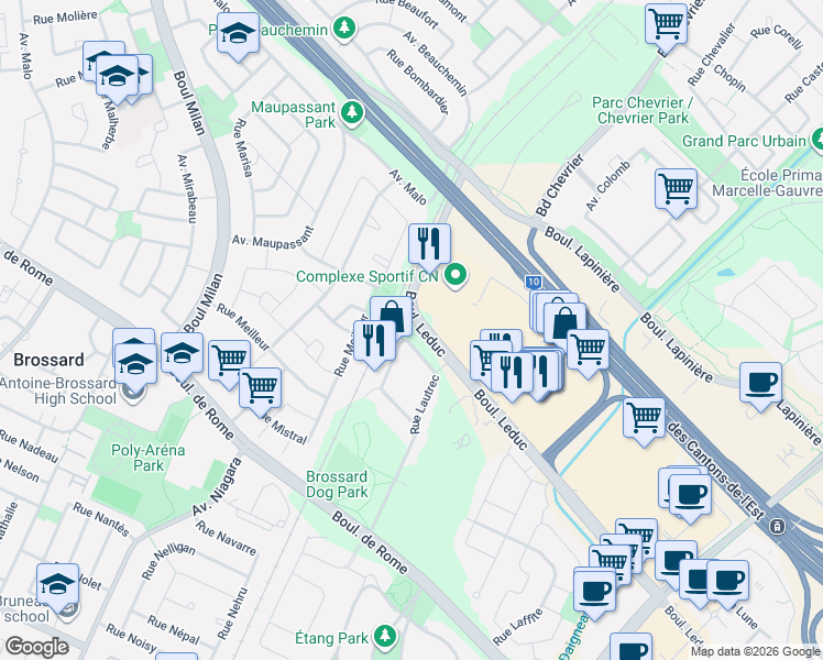 map of restaurants, bars, coffee shops, grocery stores, and more near 8255 Boulevard Leduc in Brossard