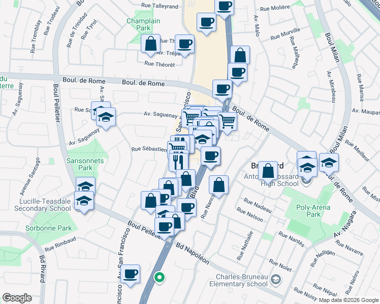 map of restaurants, bars, coffee shops, grocery stores, and more near 7900 Taschereau Boulevard in Brossard