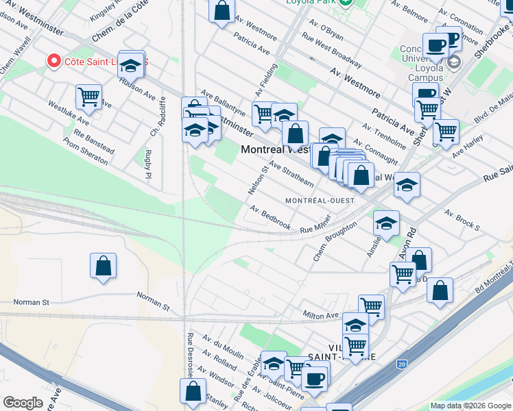 map of restaurants, bars, coffee shops, grocery stores, and more near 181 Avenue Bedbrook in Montréal-Ouest