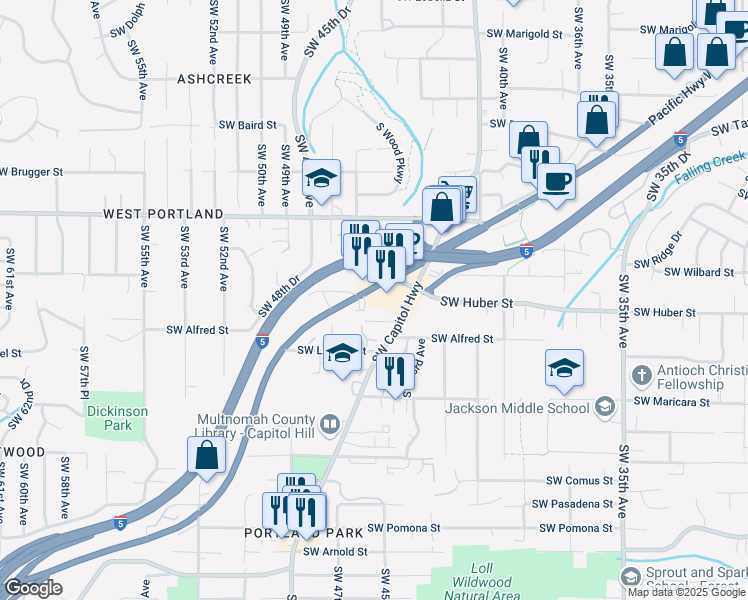 map of restaurants, bars, coffee shops, grocery stores, and more near 10100 Southwest Barbur Boulevard in Portland