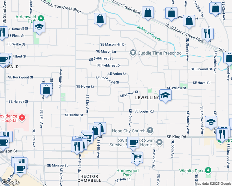 map of restaurants, bars, coffee shops, grocery stores, and more near 4738 Southeast Rockwood Street in Milwaukie