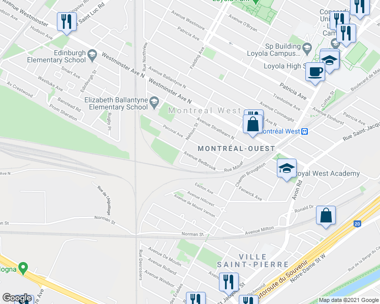 map of restaurants, bars, coffee shops, grocery stores, and more near 181 Avenue Bedbrook in Montréal-Ouest