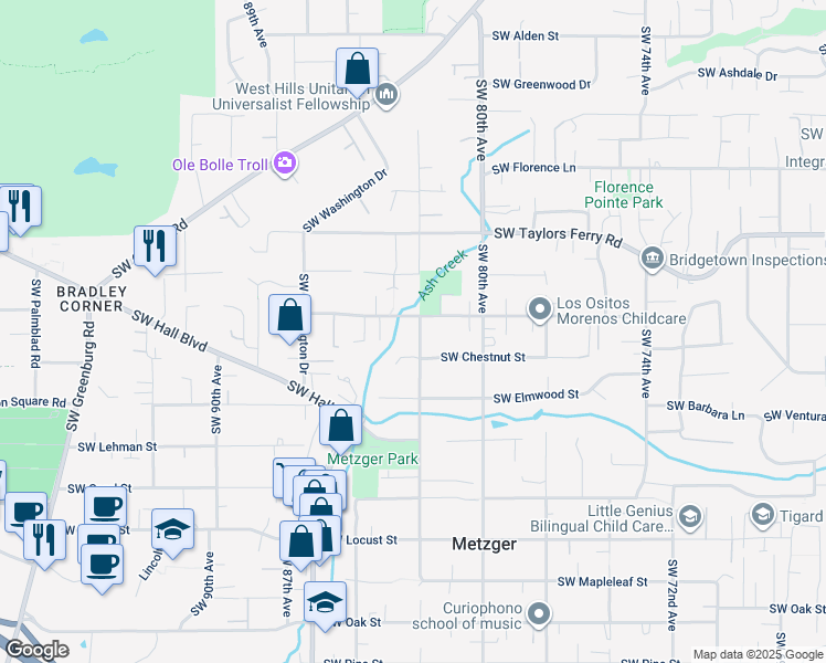map of restaurants, bars, coffee shops, grocery stores, and more near 9244 Southwest 83rd Place in Portland