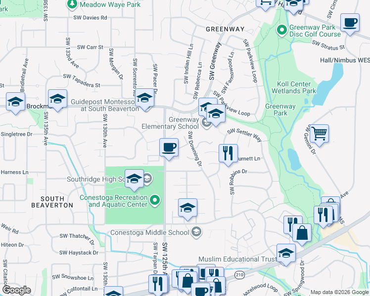 map of restaurants, bars, coffee shops, grocery stores, and more near 9255 Southwest Downing Drive in Beaverton