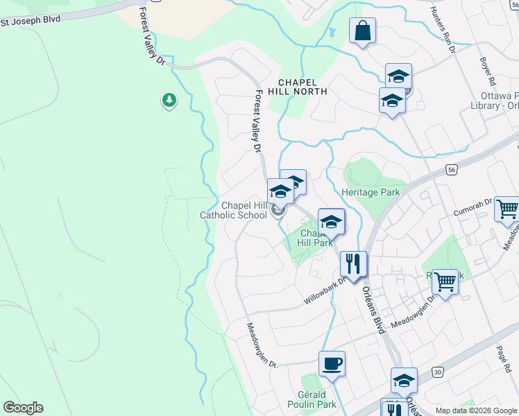map of restaurants, bars, coffee shops, grocery stores, and more near 6106 Meadowhill Crescent in Ottawa