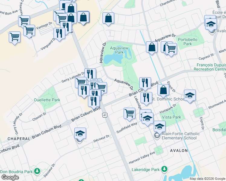 map of restaurants, bars, coffee shops, grocery stores, and more near 622 Louis Toscano Drive in Ottawa
