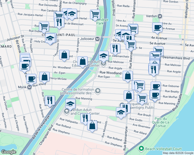 map of restaurants, bars, coffee shops, grocery stores, and more near 1922 Rue Egan in Montréal