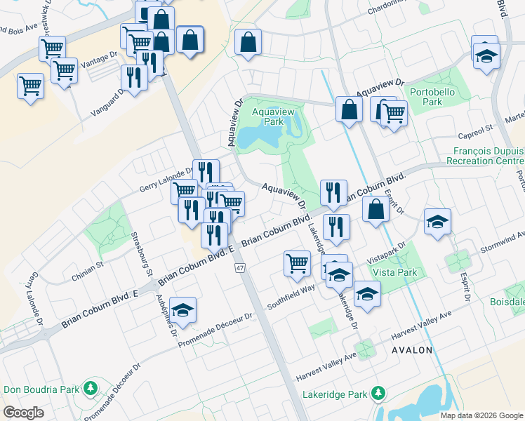 map of restaurants, bars, coffee shops, grocery stores, and more near 626 Louis Toscano Drive in Ottawa