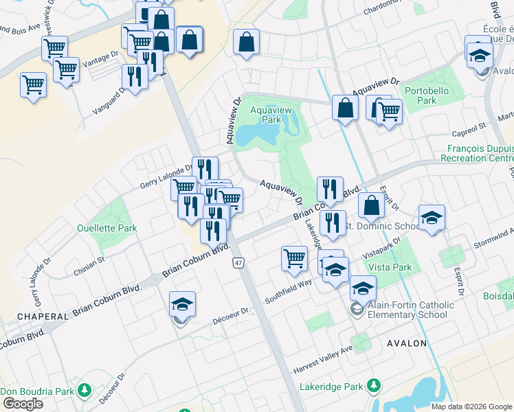 map of restaurants, bars, coffee shops, grocery stores, and more near 622 Louis Toscano Drive in Ottawa