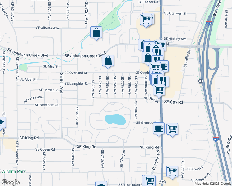 map of restaurants, bars, coffee shops, grocery stores, and more near 7510 Southeast Lamphier Street in Milwaukie