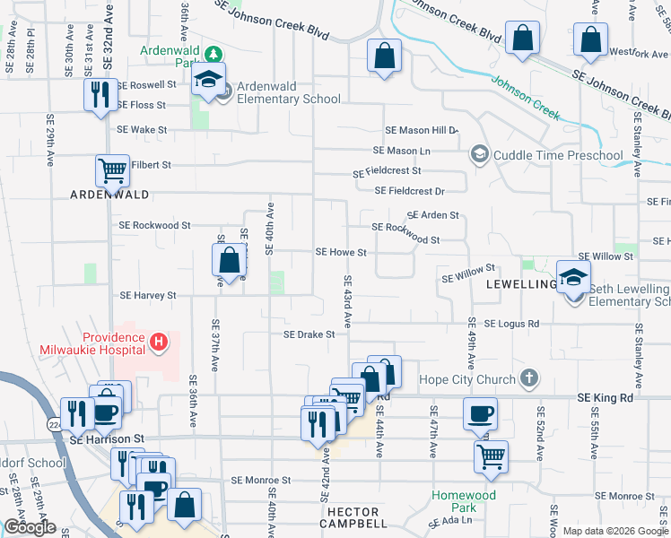map of restaurants, bars, coffee shops, grocery stores, and more near 9665 Southeast 43rd Avenue in Milwaukie